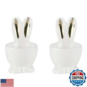 Easter Bunny Ears Shape Egg Holders- Set of 2 Ceramic Rabbit Egg Cups Gold Bu - Picture 1 of 5