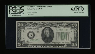 DBR 1934 $20 DGS FRN Mule Boston Fr. 2054-Adgsm PCGS 63 PPQ Serial A29896368A - Image 1 of 2