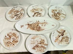 L'Hirondelle Cadeaux Porcelain 7 Piece Fish Serving Set France Mehun S Yevre  - Picture 1 of 12