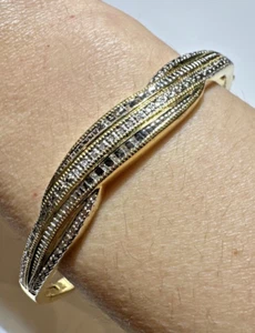 Vintage Silver Gold Plated Diamond Textured Bangle Push In Bracelet DB4 - Picture 1 of 10