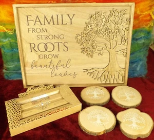 Tree of Life Engraved Wood Set A STRONG ROOTS Wall Plaque, Coasters & Incense - Picture 1 of 12