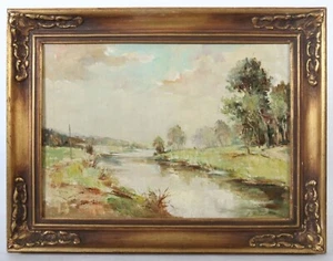 Impressionist Landscape Oil Painting Signed by R Friedrich Titled "River Course" - Picture 1 of 7