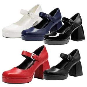 Women Ankle Strap Square Toe Chunky Platform Block Heel Mary Jane Pump Shoes - Picture 1 of 22