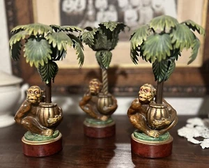 VTG 3 PETITES CHOSES Monkey Palm Tree Hand Painted Metal TOLEWARE Candlesticks - Bild 1 von 10