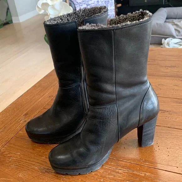 Botas de cuero negras Paul Green con tacón apilado con forro de piel de oveja enrollables talla 8 Foto 1 de 4