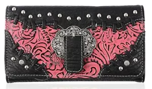 NUOVO PORTAFOGLIO "ROCKIN STAR RANCH" NERO STILE WESTERN BLING BORCHIATO LIBRETTO DEGLI ASSEGNI - Foto 1 di 3