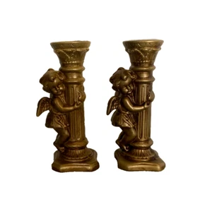 Vintage Ceramic Angel & Column 7" Candle Holder Figurine Antique Gold Finish - Picture 1 of 5