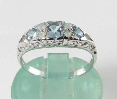 ANILLO BARCO ORO BLANCO 9K 9CT AGUAMARINA Y ÓPALO ART DECO INS BANDA CAMBIO GRATIS Foto 1 de 4