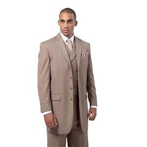 Men's 3pc Luxurious Suit Set Wool Feel Back Center Split 35" Length Tan 38R~56L
