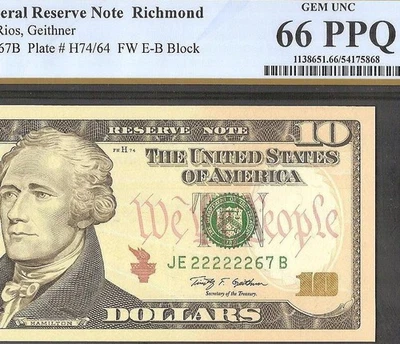 2009 $10 BILL 222222 NEAR SOLID NUMBER FEDERAL RESERVE NOTE PCGS 66 PPQ - Image 1 of 3