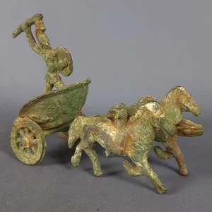 Antica Scultura Bronzo Guerriero Romano Biga Cavalli Patina Verde Inizio '900 - Imagen 1 de 18