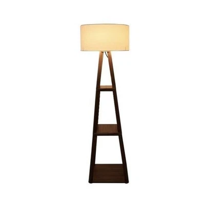 White Cotton Shade Wooden Shelf Floor Lamp for Home and Office Decor, - Image 1 of 3