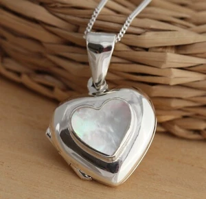 925 Sterling Silver Mother of Pearl Love Heart Locket Pendant Necklace Chain Box - Picture 1 of 8