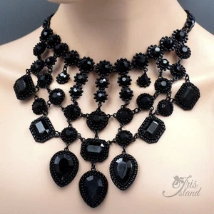 Women Black Statement Necklace Crystal Charms Strand Layered Collar Bib 20281 - Picture 1 of 6