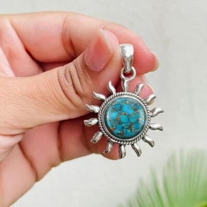 Collar Colgante Turquesa Sunburst Plata de Ley 925 Hecho a Mano Regalo para Hombre - Imagen 1 de 7