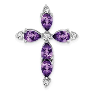 14k White Gold Amethyst and Diamond Cross Chain Slide Necklace - Picture 1 of 4