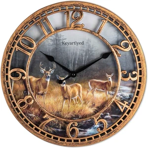 Round Wall Clock Farmhouse Plastic Deer Clock Battery Operated Silent Non-Tickin - Picture 1 of 12