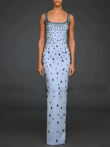 Blue Beaded Rhinestone Bodycon Maxi Dress Sleeveless Gown - Picture 1 of 10