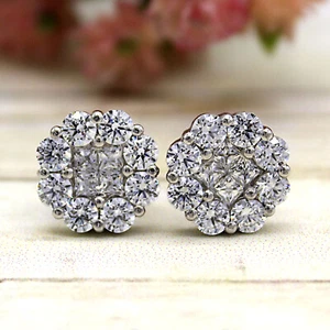 Round Princess Simulated Diamond Cluster Stud High Quality Earring 9k White Gold - Picture 1 of 8
