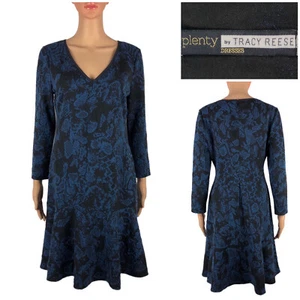 Plenty By Tracy Reese Womens Medium Dress V Neck Fit & Flare Knit Black Blue NWT - Picture 1 of 12