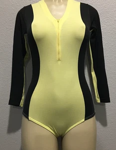Vtg GK Gym Kin Neon Black Zip Up Nylon Leotard S M - Picture 1 of 10