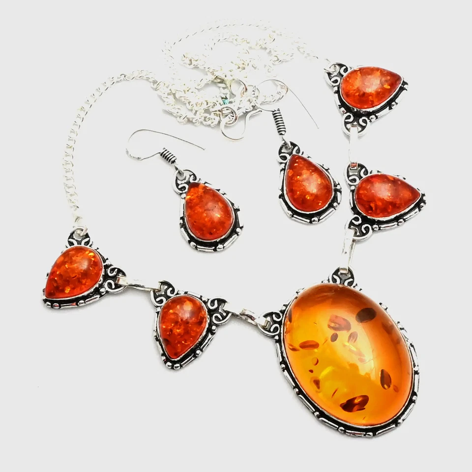 Collar + pendiente hecho a mano étnico de piedras preciosas ámbar 41 gms AN 15190 Foto 1 de 1