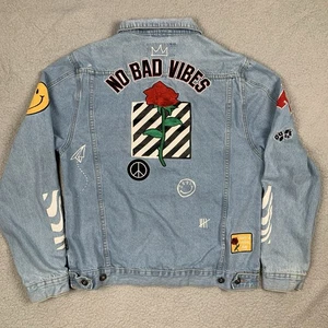 Brooklyn Cloth Denim Jacket Mens Large Blue Patches Embroidery No Bad Vibes - Picture 1 of 19
