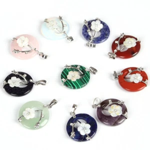 10 pcs Lots Genuine Agate Quartz Moonstone Carved Shell Silver Flower Pendants - Picture 1 of 8