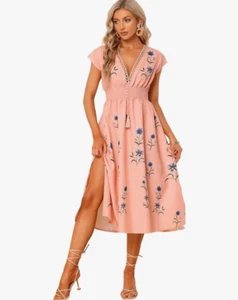 NEW Allegra K Deep V Neck Boho Floral Smocked Waist Midi Dress L - Picture 1 of 6