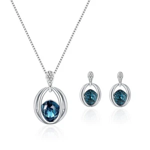 925 Silver Plated Shinny Blue Heart Wedding Party Bridal Earrings Necklace Set - Picture 1 of 3