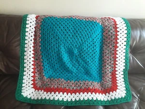 Afghan Crochet Knit Multi-Colored Striped Handmade Lap Blanket 40 1/2L×42 1/2W - Picture 1 of 11
