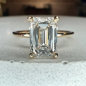 2Ct Emerald Cut Moissanite Solitaire Engagement Ring In Solid 14K Yellow Gold - Picture 1 of 6