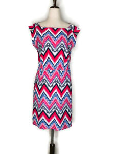 Jude Connally A Line Dress Cap Sleeve Pink Geometric Chevron Print Pockets S