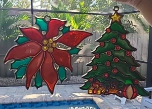 Set of 2 Vtg Lead Framed Stained Glass Window Suncatchers Pointsettia/ Xmas Tree - Picture 1 of 9