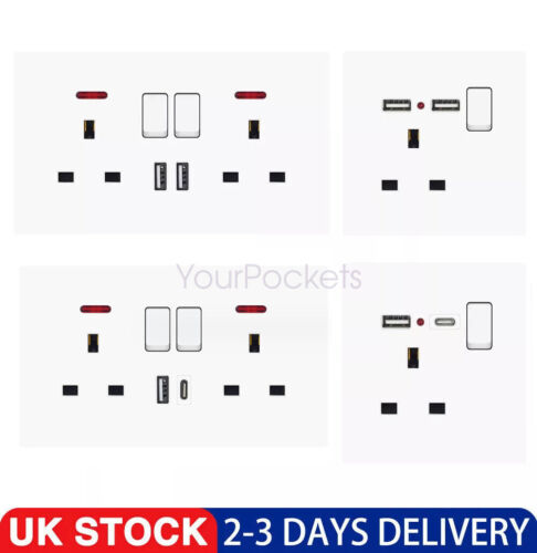5PC Double Wall Plug Socket 2 Gang 13A w/ 2 Charger USB Ports Outlets Flat Plate