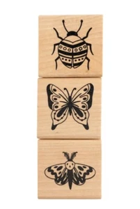 NEW Recollections™ BUGS Wooden Rubber STAMP SET (3) INSECT Moth BUTTERFLY BEETLE - Picture 1 of 3