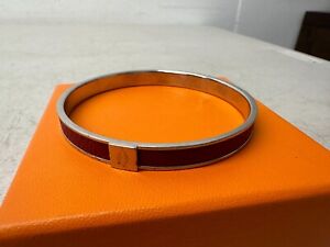 Hermes Bangle Bracelet in Silver with Red Leather Inlay - Size S - Pre-owned