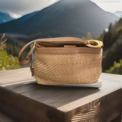 De Colección FOSSIL Madera Llave Cuero Tejido Bolso de Hombro Asas de Madera Bolso de Mano Cartera 76083 Foto 1 de 4