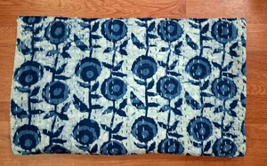 Indigo Blue Indian Kantha Quilt Floral Block Print Quilted Bedspread King Size - Picture 1 of 8