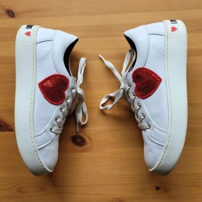 Love Moschino RRP $317 Lace Up White Sneakers Sequin Red Heart Size EU 38 AU 7 - image 1 of 4