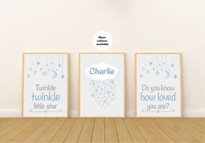Juego de 3 impresiones para bebé | fotos personalizadas con brillo | habitación azul para niños - Imagen 1 de 8