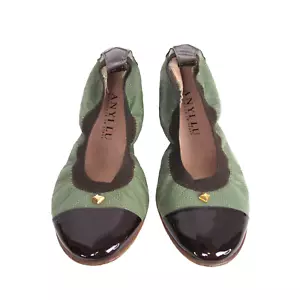 Anyi Lu Leather Ballet Flat Green Leather Quilted Brown Cap Toe Shoes - Picture 1 of 13