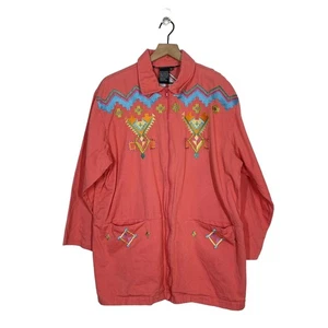 Vintage 90s Southwest Embroidered Coral Pink Full Zip Plus Size 18W Denim Jacket - Picture 1 of 9