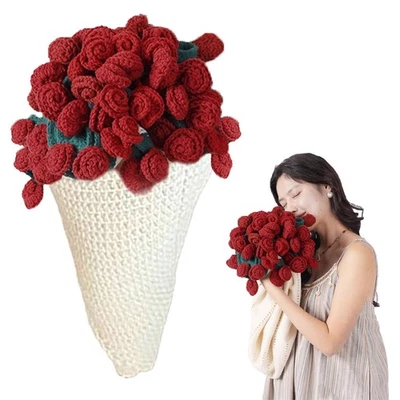 手工钩针玫瑰花束毯31.4英寸,情人节装饰针织毯 — 第 1/4 张图片