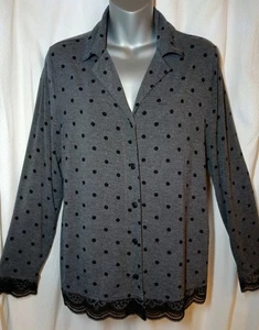 Soma Pajama Long Sleeve Collar Shirt PJ Top ButtonUp Black Gray Polkadot Lace XS - Imagen 1 de 7