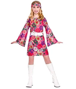 Costume bambina RETRO GIRL fiore potere vestito anni 60 70 fantasia bambina età 5-13 - Foto 1 di 4