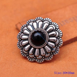 10PC 30mm SILVER WESTERN FLOWER BLACK BEAD CONCHO FOR LEATHERCRAFT SADDLE BRIDLE - Picture 1 of 9