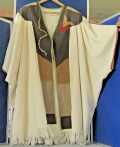 EUC Trendy UNLINED COAT Poncho w.Fringe & PATCHWORK by TAKASAMI Cream Brns& Grn - Picture 1 of 5