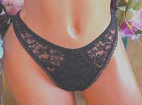 624 TRENDSETTERS Med Black Lace Hi Cut String Bikini Brief #1169 VINTAGEk.;
