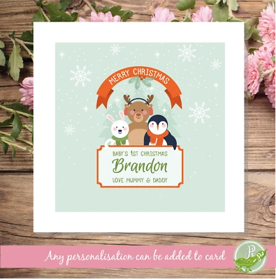 Personalised Name Cute Baby's 1st Christmas Christmas Card - Image 1 of 4